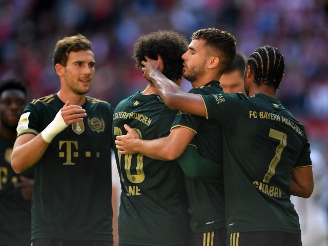 Bayern Munich's Leroy Sane celebrates scoring their first goal against VfL Bochum in the Bundesliga on September 18, 2021
