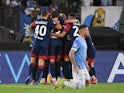 Cagliari's Keita Balde celebrates scoring their second goal with teammates on September 19, 2021
