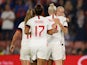 England's Bethany England celebrates scoring their seventh goal against North Macedonia on September 17, 2021