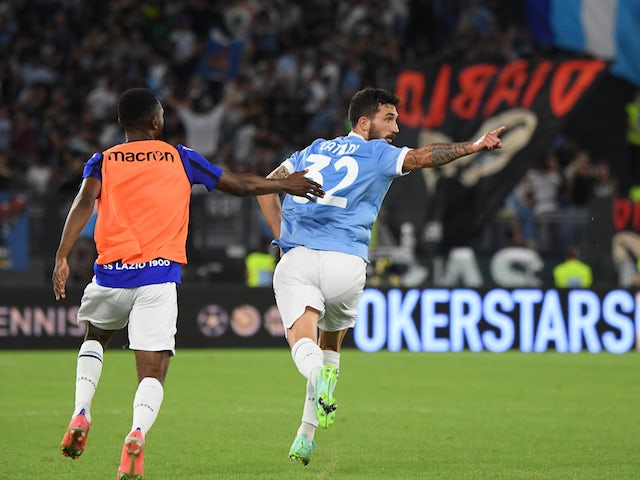 Lazio's Danilo Cataldi celebrates scoring their second goal on September 19, 2021