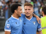 Lazio's Ciro Immobile celebrates scoring their first goal with Felipe Anderson on September 19, 2021
