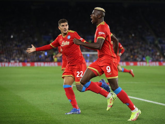 Napoli's Victor Osimhen celebrates scoring against Leicester City on September 16, 2021