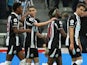 Newcastle United's Allan Saint-Maximin celebrates scoring their first goal against Leeds United in the Premier League on September 17, 2021