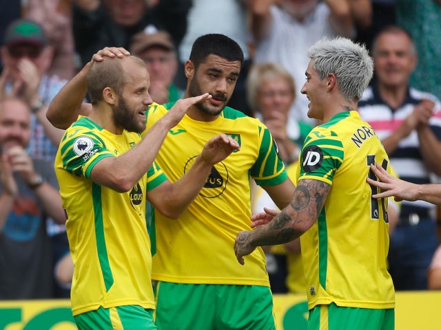 Norwich City's Teemu Pukki celebrates scoring their first goal against Watford in the Premier League on September 18, 2021