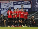 Rennes' Gaetan Laborde celebrates scoring against Tottenham Hotspur on September 16, 2021
