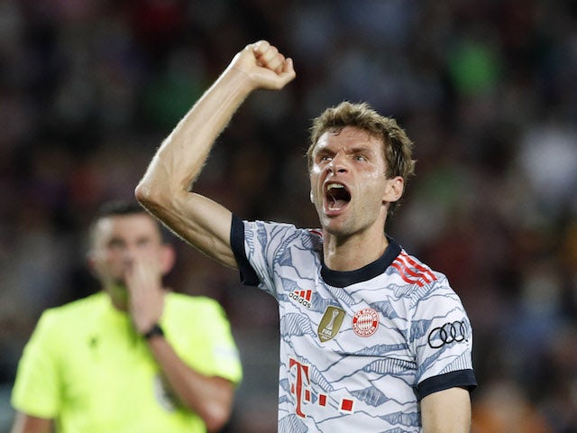Bayern Munich's Thomas Muller celebrates scoring their first goal on September 14, 2021