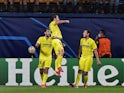 Villarreal's Manu Trigueros celebrates scoring their first goal with teammates on September 14, 2021