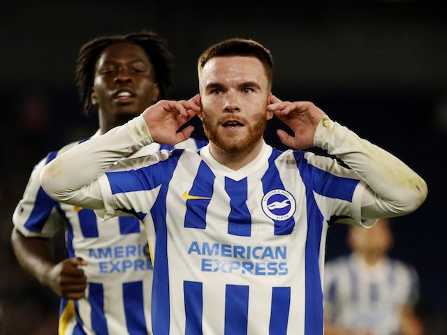 Brighton & Hove Albion's Aaron Connolly celebrates scoring against Swansea City in the EFL Cup on September 22, 2021