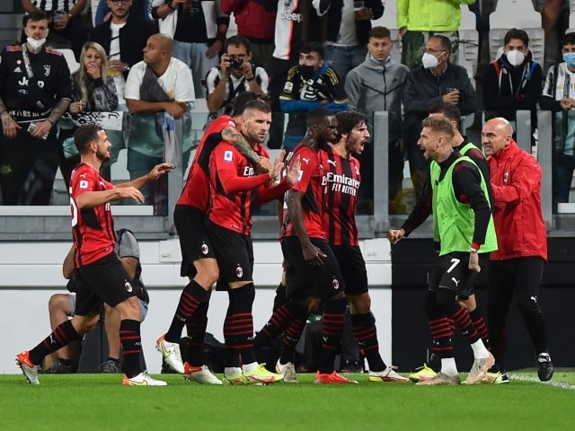 AC Milan's Ante Rebic celebrates scoring against Juventus on September 19, 2021