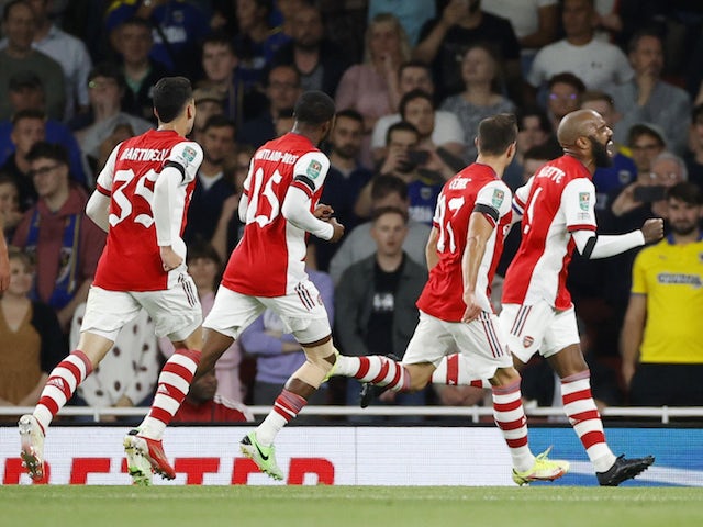 Arsenal's Alexandre Lacazette celebrates scoring against AFC Wimbledon in the EFL Cup on September 22, 2021
