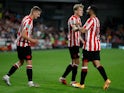 Brentford's Marcus Forss celebrates scoring their fifth goal against Oldham in the EFL Cup on September 21, 2021