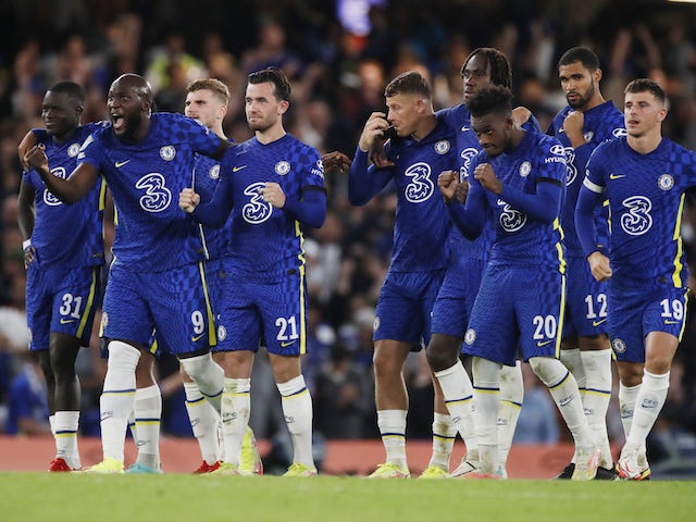 Chelsea players celebrate their penalty-shootout win over Aston Villa in the EFL Cup on September 22, 2021