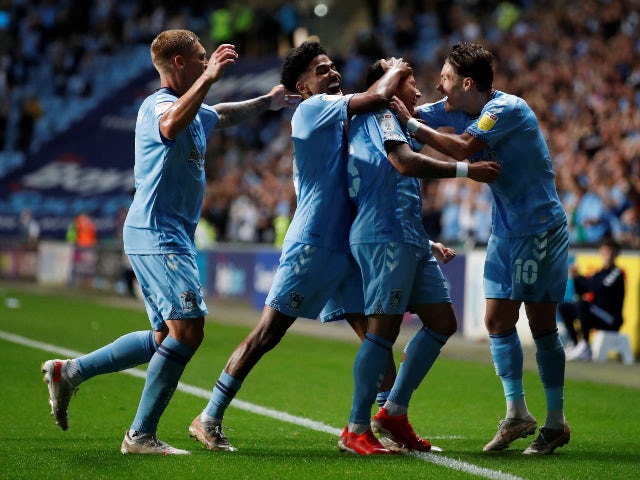 Coventry City's Gustavo Hamer celebrates scoring their first goal against Peterborough in the Championship on September 24, 2021