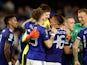 Leeds United's Illan Meslier celebrates with teammates against Fulham in the EFL Cup on September 21, 2021