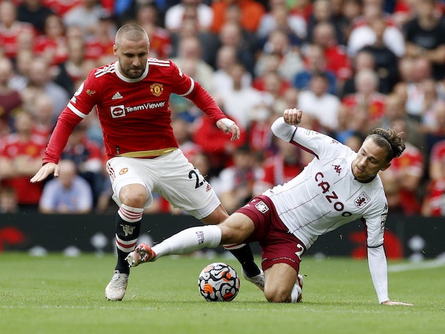 Aston Villa's Matty Cash in action with Manchester United's Luke Shaw in the Premier League on September 26, 2021