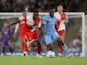 Manchester City's Romeo Lavia in action with Wycombe Wanderers' Brandon Hanlan on September 21, 2021