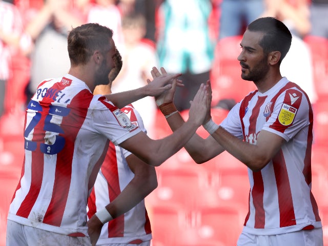 Stoke City's Mario Vrancic celebrates scoring their first goal against Hull City in the Championship on September 25, 2021