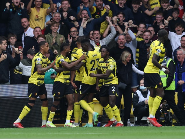 Watford's Ismaila Sarr celebrates scoring their first goal against Newcastle United in the Premier League on September 25, 2021