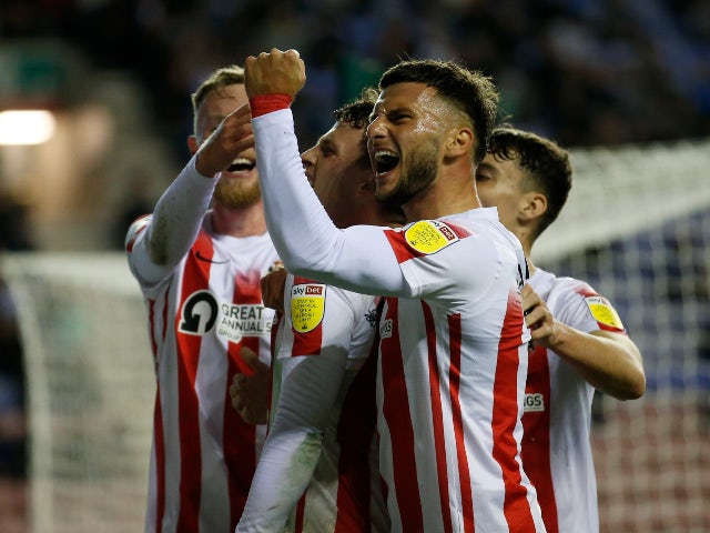Sunderland's Nathan Broadhead celebrates scoring their first goal against Wigan Athletic in the EFL Cup on September 21, 2021
