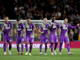 Tottenham Hotspur players celebrate their penalty-shootout win over Wolverhampton Wanderers in the EFL Cup on September 22, 2021