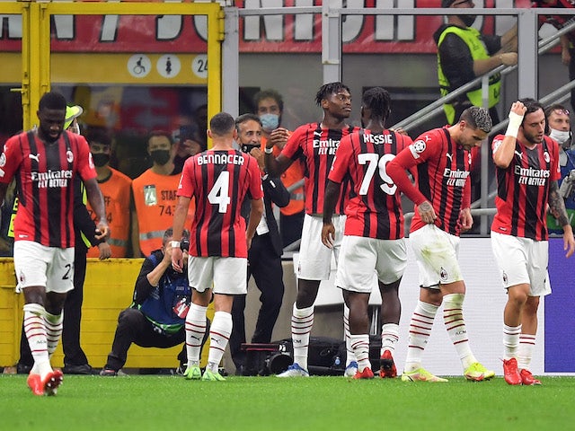 AC Milan's Rafael Leao celebrates scoring their first goal with teammates on September 28, 2021