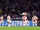 Ajax's Sebastien Haller celebrates scoring their second goal with teammates on September 28, 2021