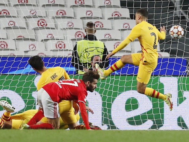 Benfica's Rafa Silva scores against Barcelona in the Champions League on September 29, 2021