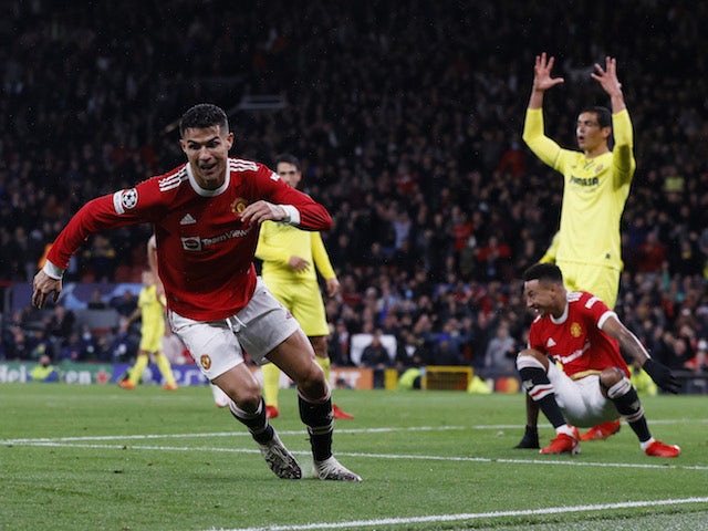 Manchester United's Cristiano Ronaldo celebrates scoring against Villarreal in the Champions League on September 29, 2021