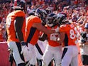 Denver Broncos running back Melvin Gordon (25) celebrates his rushing touchdown with tight end Andrew Beck (83) and offensive tackle Garett Bolles (72) in the second quarter against the New York Jets at Empower Field at Mile High on  September 26, 2021