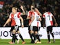 Feyenoord's Orkun Kokcu celebrates scoring their first goal with teammates on September 30, 2021