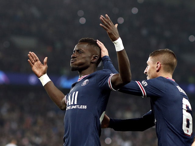 Paris Saint-Germain's Idrissa Gueye celebrates scoring against Manchester City in the Champions League on September 28, 2021