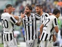Juventus' Manuel Locatelli celebrates scoring their third goal with teammates on September 26, 2021