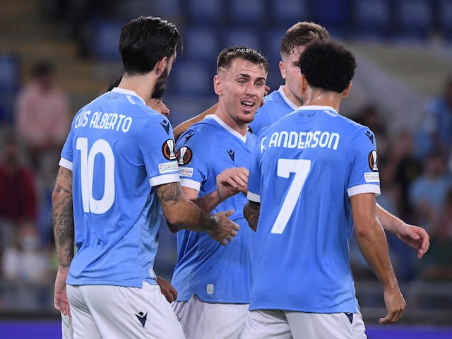 Lazio's Patric celebrates scoring their second goal with teammates on September 30, 2021