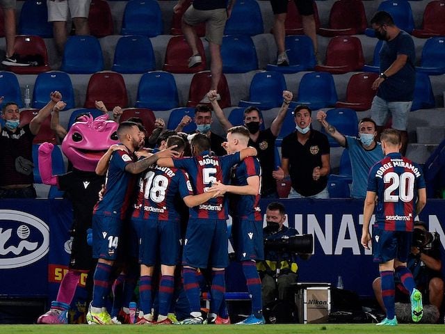 Levante's Marti Roger celebrates scoring their first goal with teammates on August 22, 2021