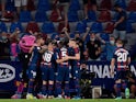 Levante's Marti Roger celebrates scoring their first goal with teammates on August 22, 2021