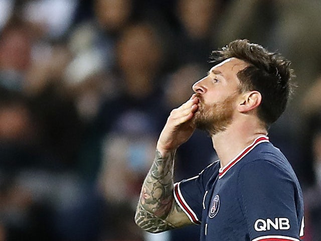 Paris Saint-Germain's Lionel Messi celebrates scoring their second goal on September 28, 2021