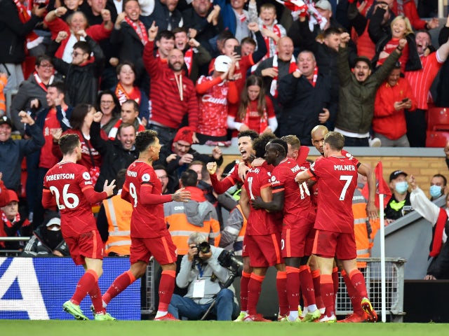 Liverpool's Mohamed Salah celebrates scoring their second goal against Manchester City in the Premier League on October 3, 2021