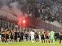 The match between Marseille and Galatasaray is stopped as Galatasaray fans clash with police on September 30, 2021