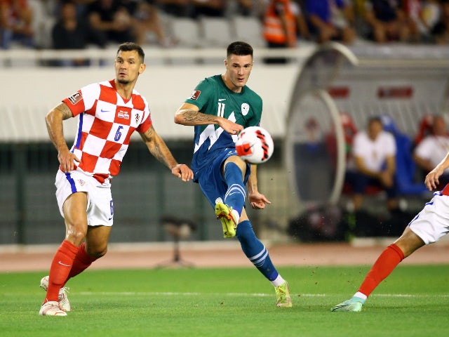 Slovenia's Benjamin Sesko shoots at goal against Croatia in September 2021