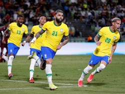 Brazil's Gabriel Barbosa celebrates scoring against Venezuela on October 7, 2021