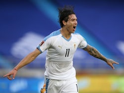 Uruguay's Darwin Nunez celebrates scoring their third goal against Colombia on November 13, 2020