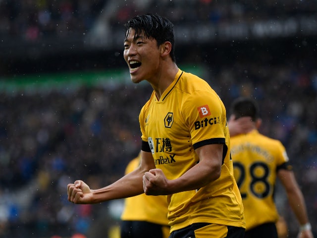 Hwang Hee-chan celebrates Wolverhampton Wanderers' goal against Newcastle United in the Premier League on October 2, 2021