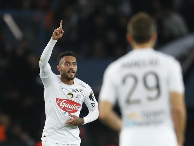 Angers' Angelo Fulgini celebrates scoring their first goal on October 15, 2021