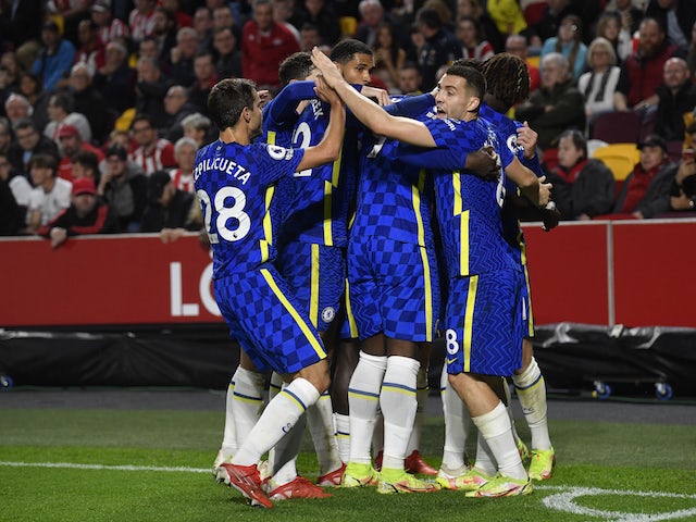 Chelsea's Ben Chilwell celebrates scoring their first goal with teammates on October 16, 2021