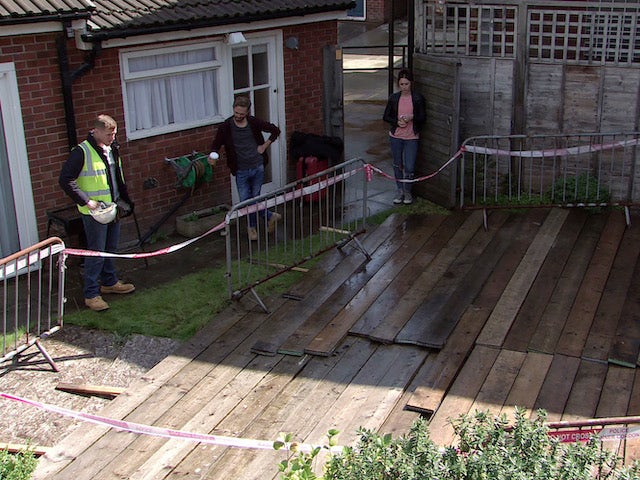 The boarded-up sinkhole on the first episode of Coronation Street on October 25, 2021