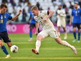 Belgium's Kevin De Bruyne in action with Italy's Nicolo Barella on October 10, 2021