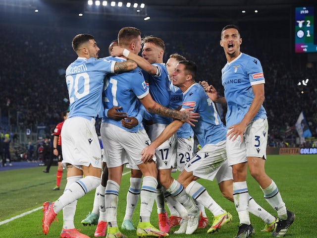 Lazio's Sergej Milinkovic-Savic celebrates scoring their third goal with teammates on October 16, 2021