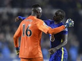 Chelsea defender Malang Sarr embraces Edouard Mendy after win over Brentford on October 16, 2021