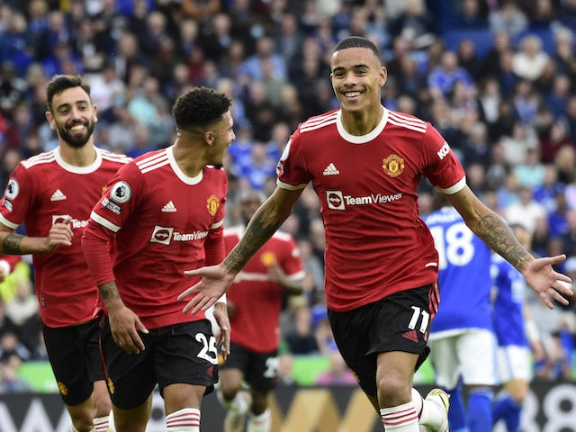 Manchester United's Mason Greenwood celebrates scoring their first goal on October 16, 2021