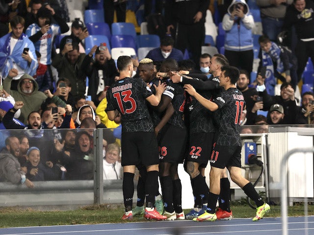 Napoli's Victor Osimhen celebrates scoring their first goal with teammates on October 17, 2021